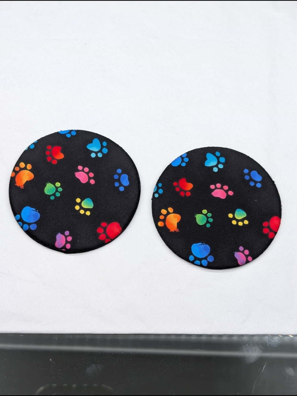 Black Paw Print Coasters with Rainbow Paws (Set of 2)